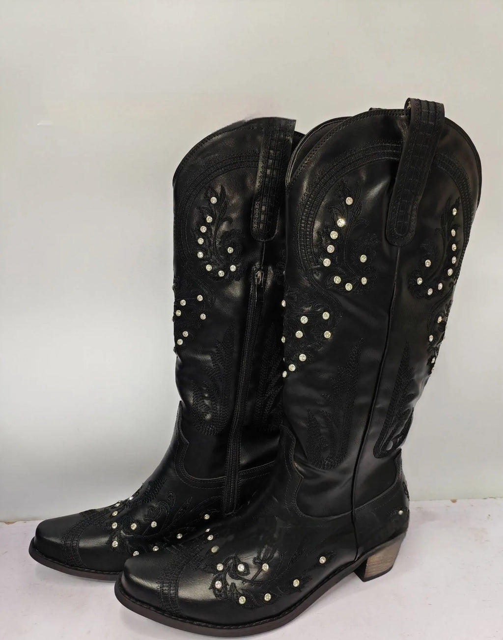 Embroidered rhinestone thick high heel side zipper high-top boots for women in beige with non-slip rubber sole