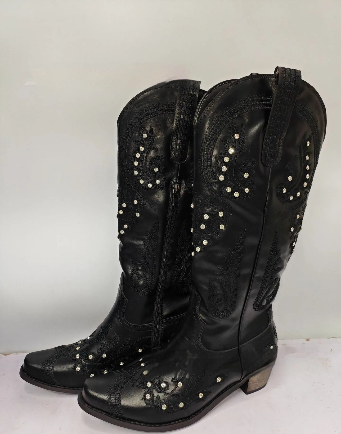 Embroidered rhinestone thick high heel side zipper high-top boots for women in beige with non-slip rubber sole