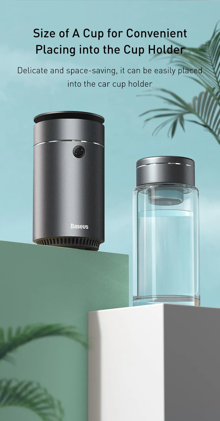 Time car air purifier in Grey with metal casing placed in a car interior