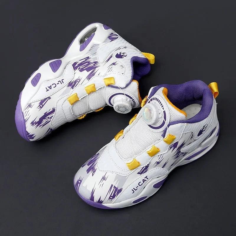 Children's rotating button closure basketball shoes in multiple colours with a PU sole.