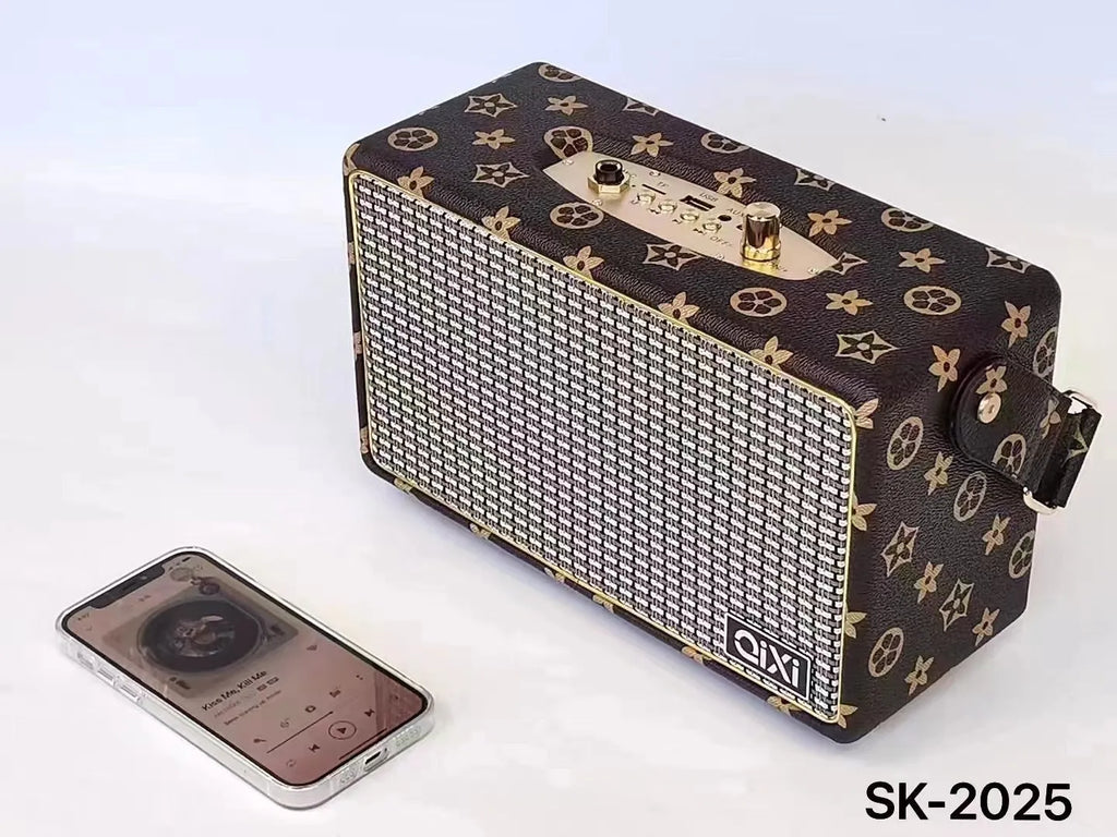 Red leather pattern mini portable Bluetooth speaker card design with dual speakers and microphone option
