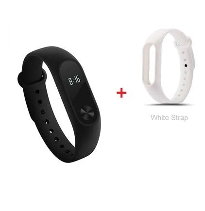Black Xiaomi Mi Band 2 fitness tracker on wrist showing OLED display with heart rate reading