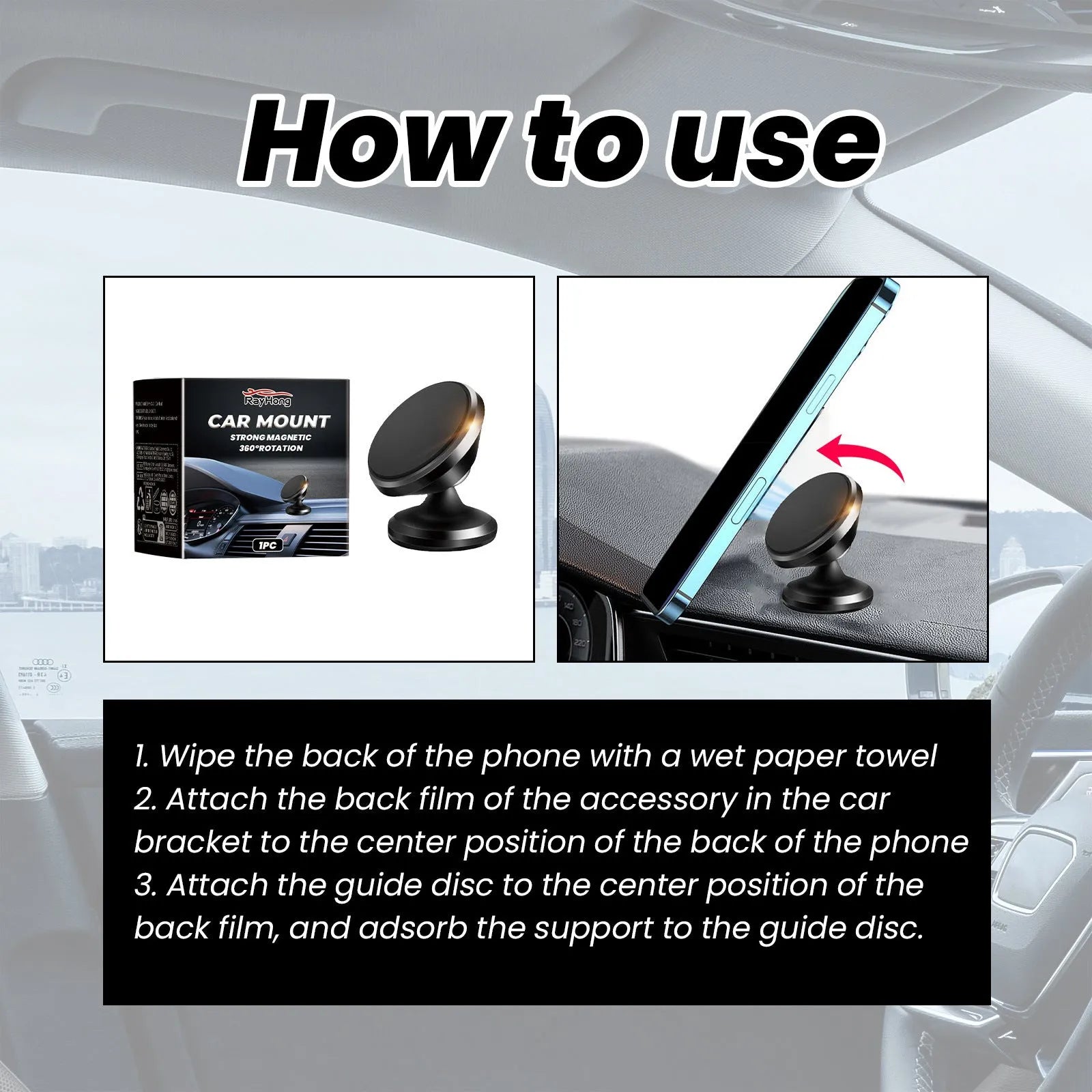 Black magnetic car foldable phone holder with compact 3.2x3.5 cm size, ABS material, for dashboard windscreen desk use