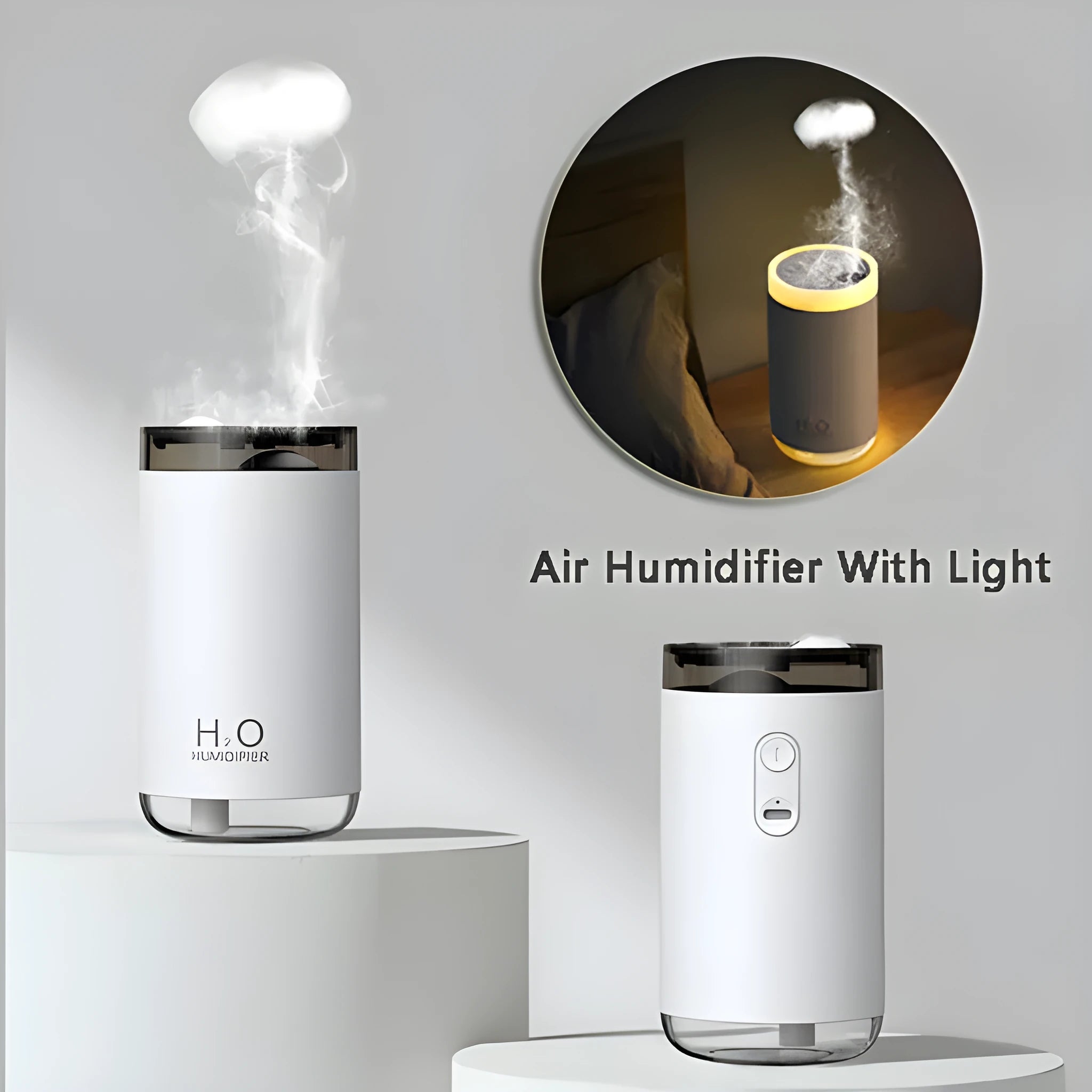 Jellyfish-shaped humidifier emitting smoke ring mist patterns with warm night light glow