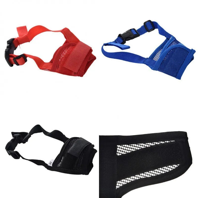 Adjustable plastic dog safety muzzle in black, shown on a size chart.