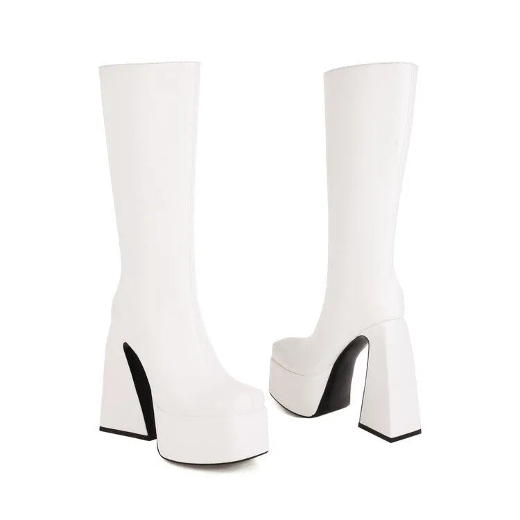 Women's artificial PU casual high boots in black, red, blue, and white colours