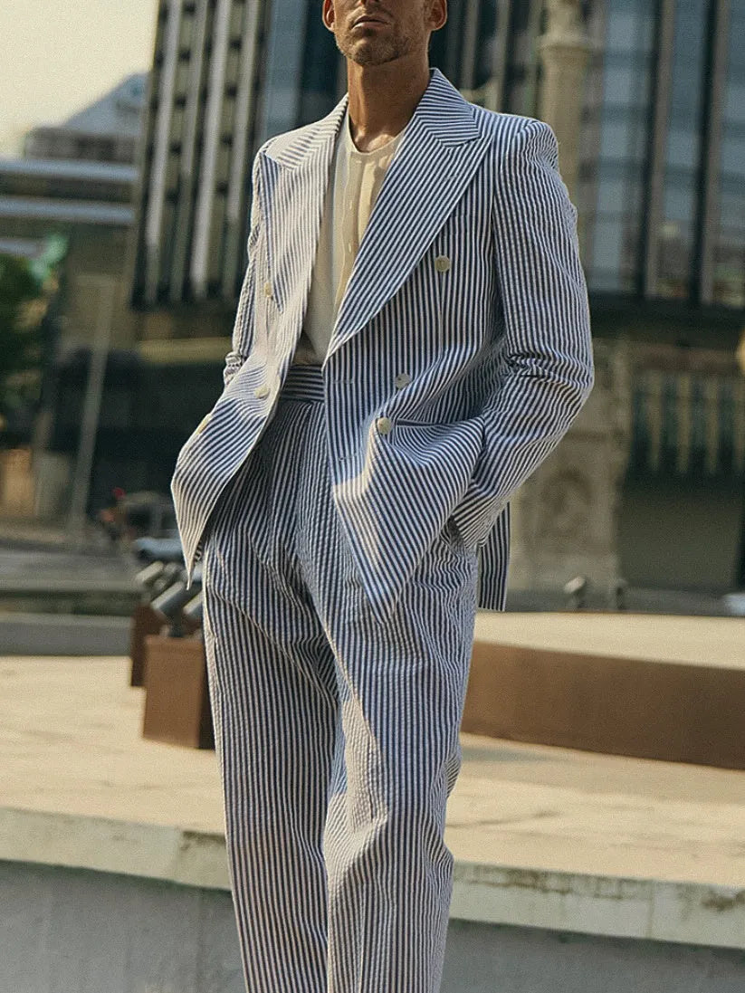 Blue and white striped two-piece polyester suit set with regular fit blazer and trousers
