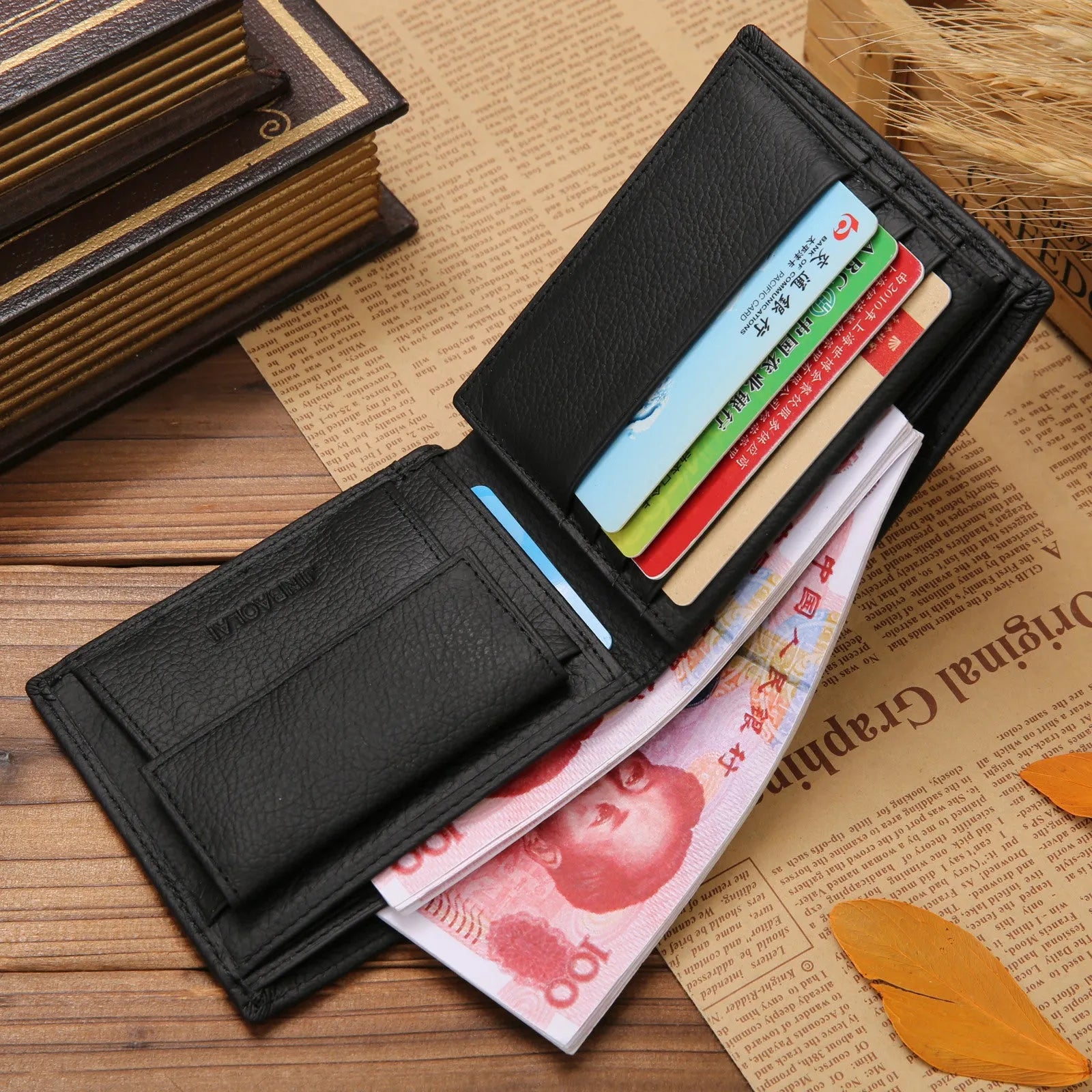 Men's black first-layer cowhide leather bifold wallet with stitching and coin purse measuring 11.5cm by 9.5cm
