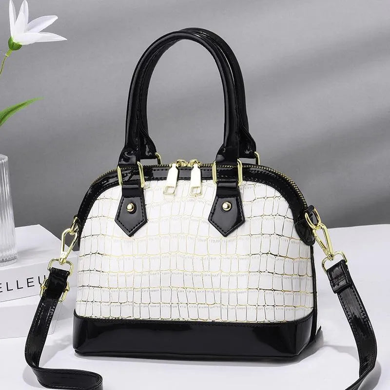 Women's shell-shaped PU top handle crossbody bag, solid colour, patent finish, metal accent, large size, zipper closure