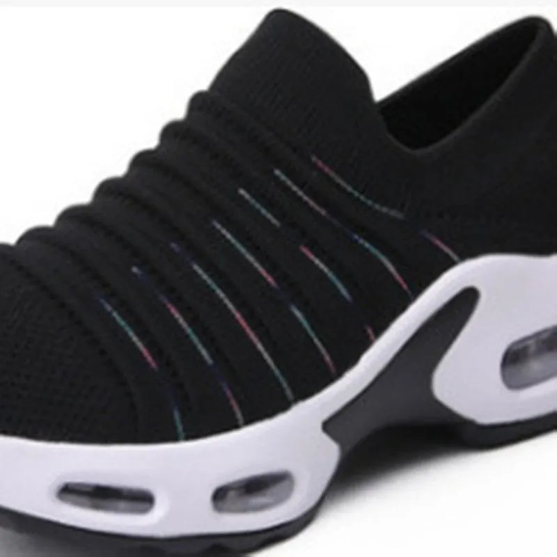 Plus size fly-knit socks shoes with mesh upper and low heel in dark blue colour