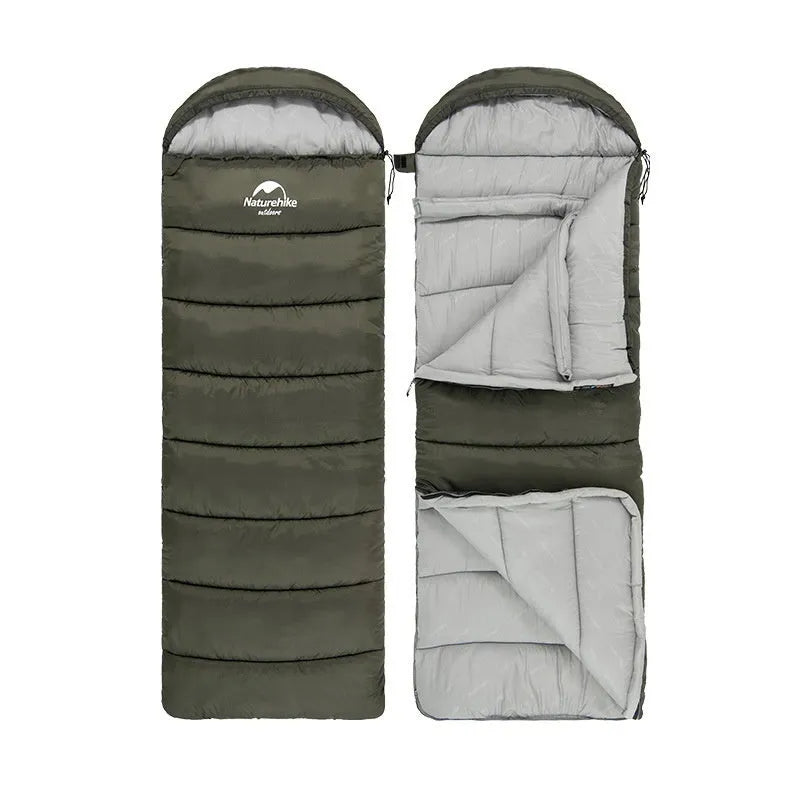 Naturehike envelope hooded sleeping bag in Clay Gray with 190T polyester fabric and hollow cotton filling for cold weather camping