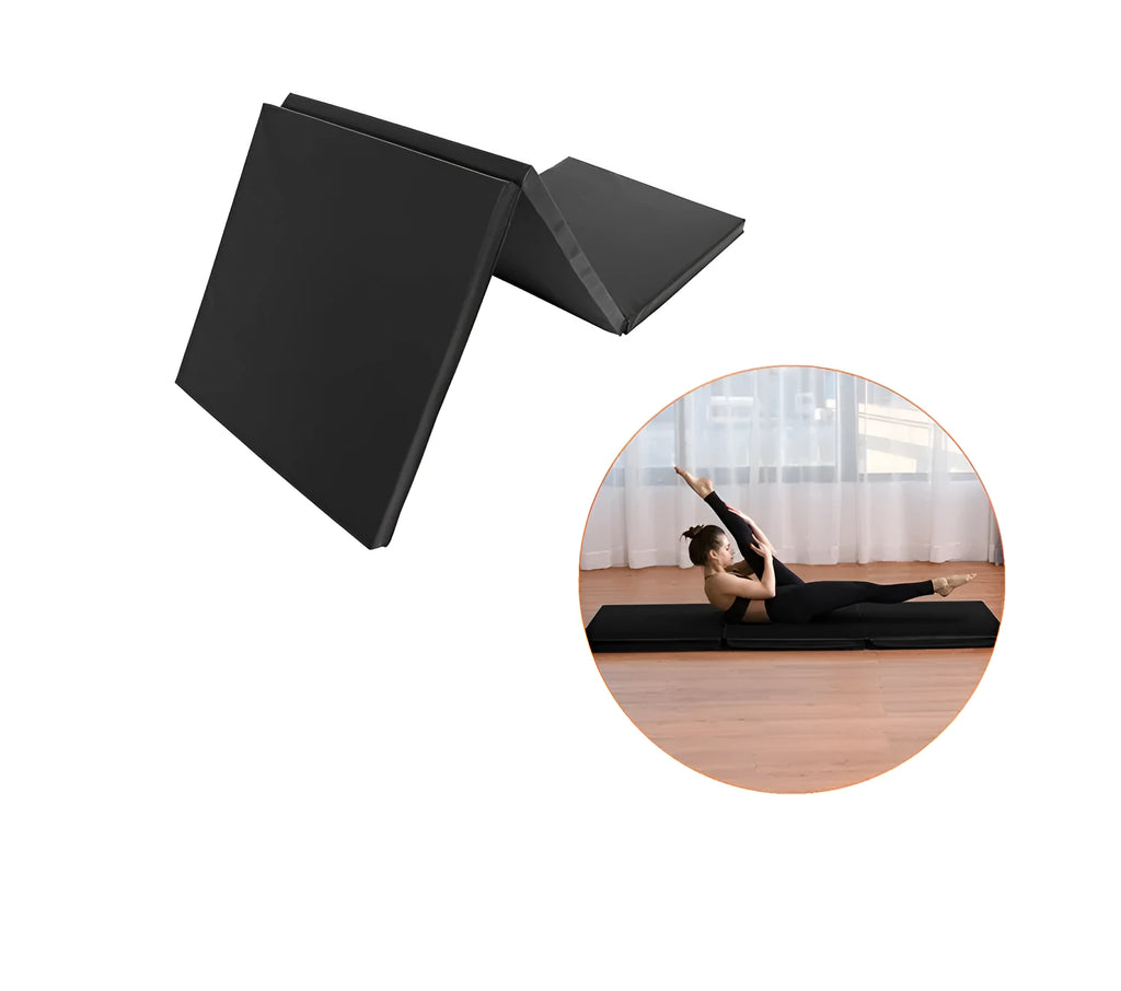 Tri fold sports gym mat in black, 180x60x4cm PU soft sponge, folded and laid flat on floor