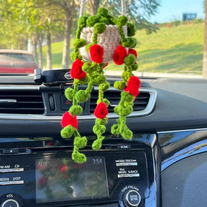 Green and white knitted wool car plant decoration with macramé texture and a white hanging rope.
