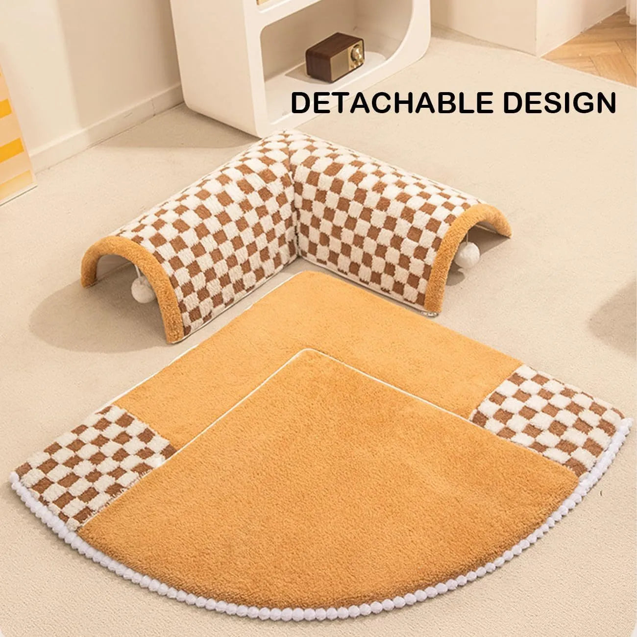XL fan-shaped plush pet bed with tunnel design in coffee colour for dogs and cats