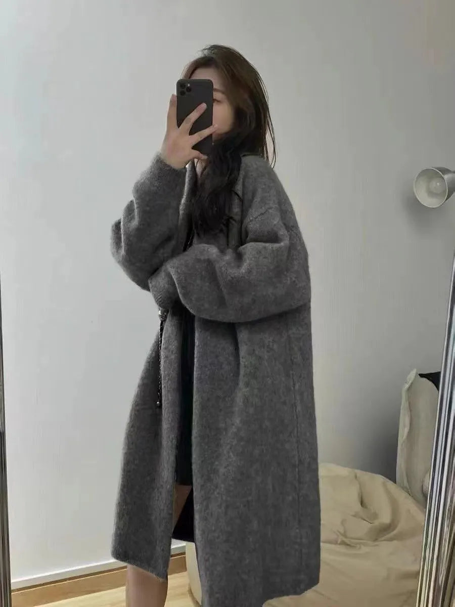 Women's knitted cardigan coat with V-neck and 65cm mid-length design in five colour options