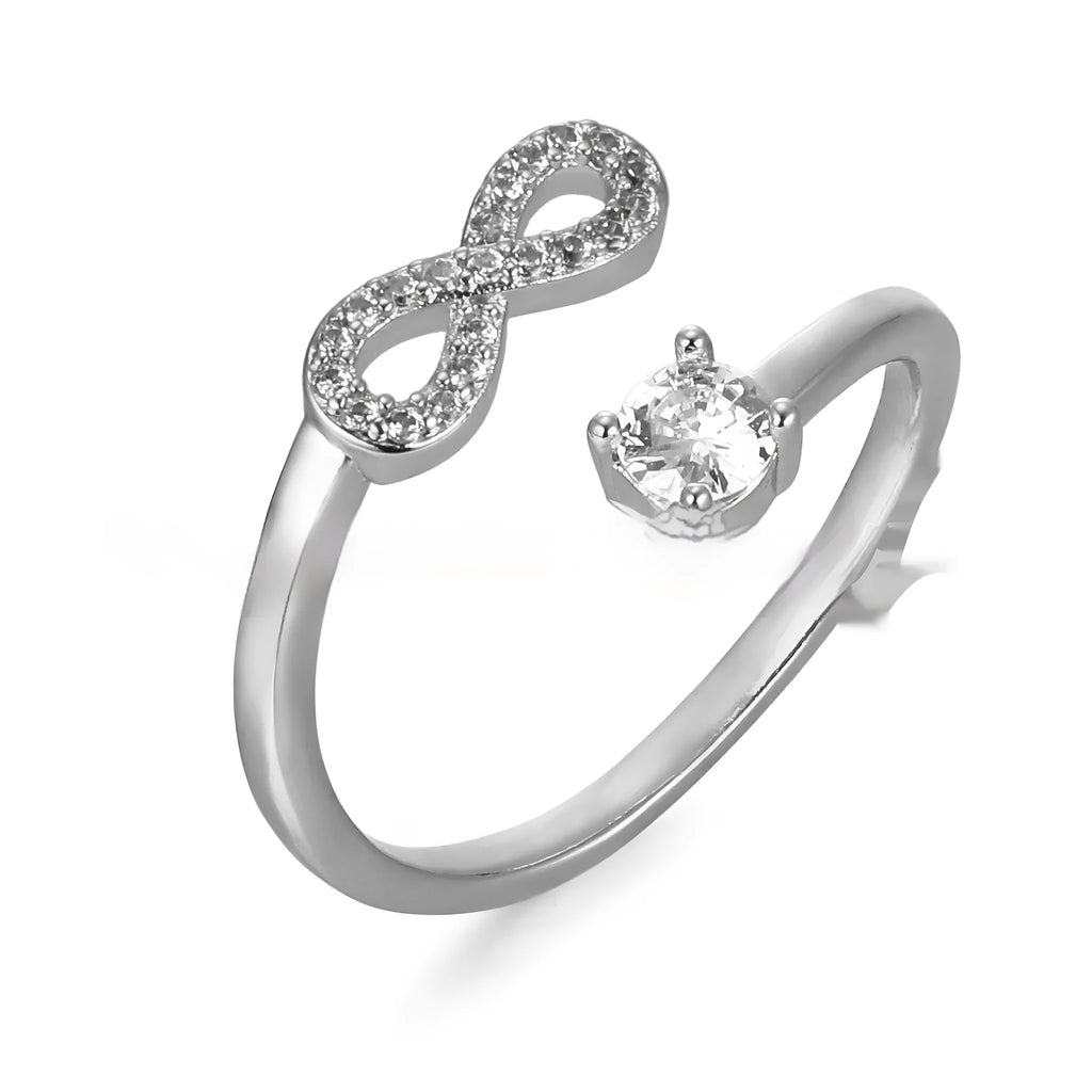 Open geometric initial ring showing a letter on finger, available in gold, rose gold, and silver.