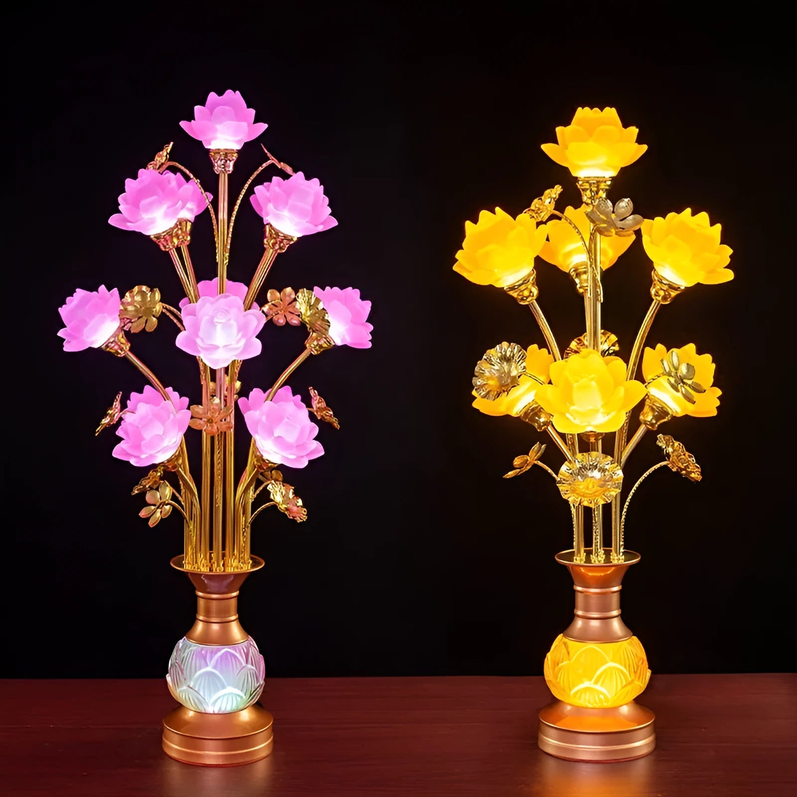 Colored glaze lotus lantern with alloy base, pink floral petals, and LED light for temple worship