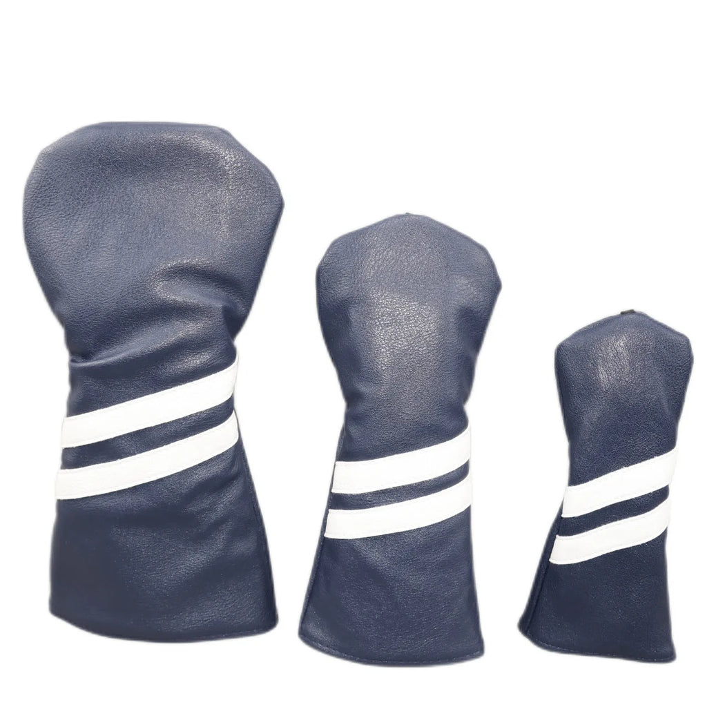 Blue golf club head cover with two white diagonal stripes, shown alongside red and black versions.
