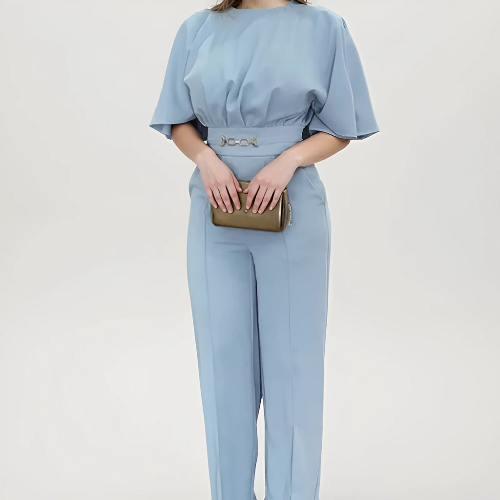 Blue men's casual polyester suit with long sleeve jacket and matching trousers