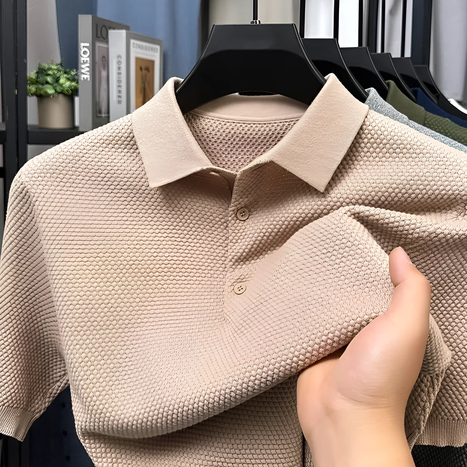 Men's loose fit short sleeve cotton pullover sweater in grey, showing relaxed casual style