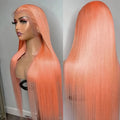 Light orange long straight front lace wig on a mannequin head, showing side bangs.