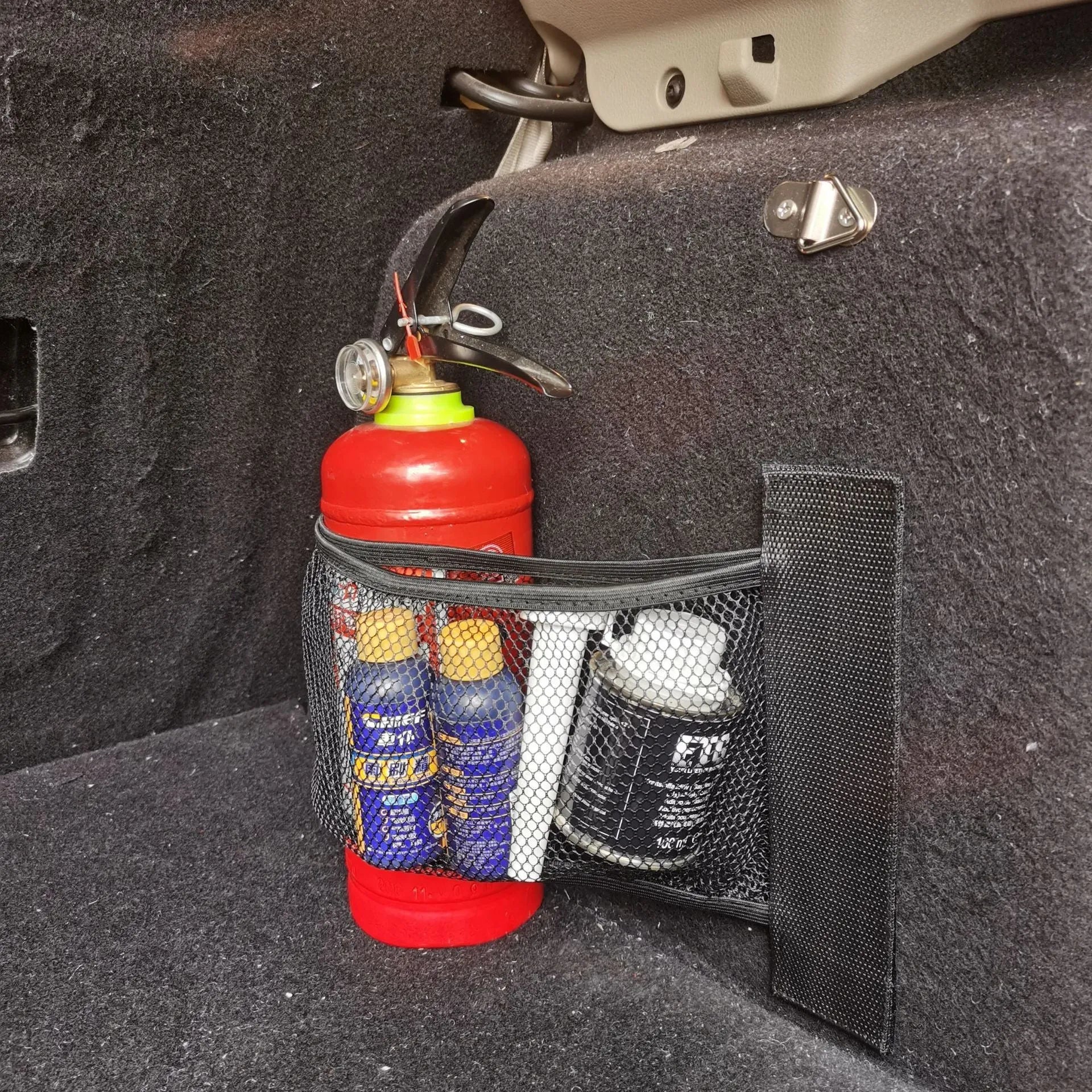 Elastic polyester car boot storage organiser net shown in 20x45cm and 20x35cm sizes.