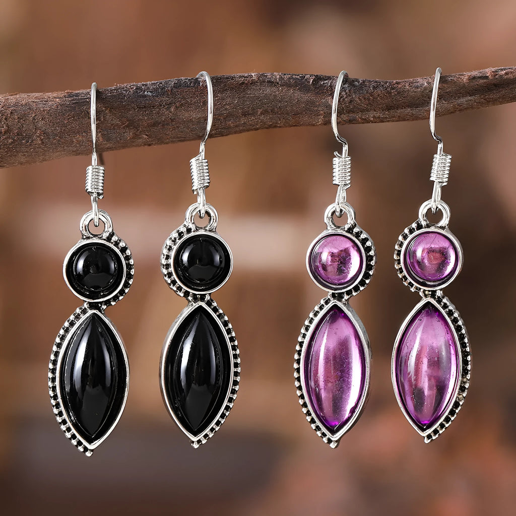Vintage geometric pendant earrings black purple zinc alloy electroplated bohemian jewellery