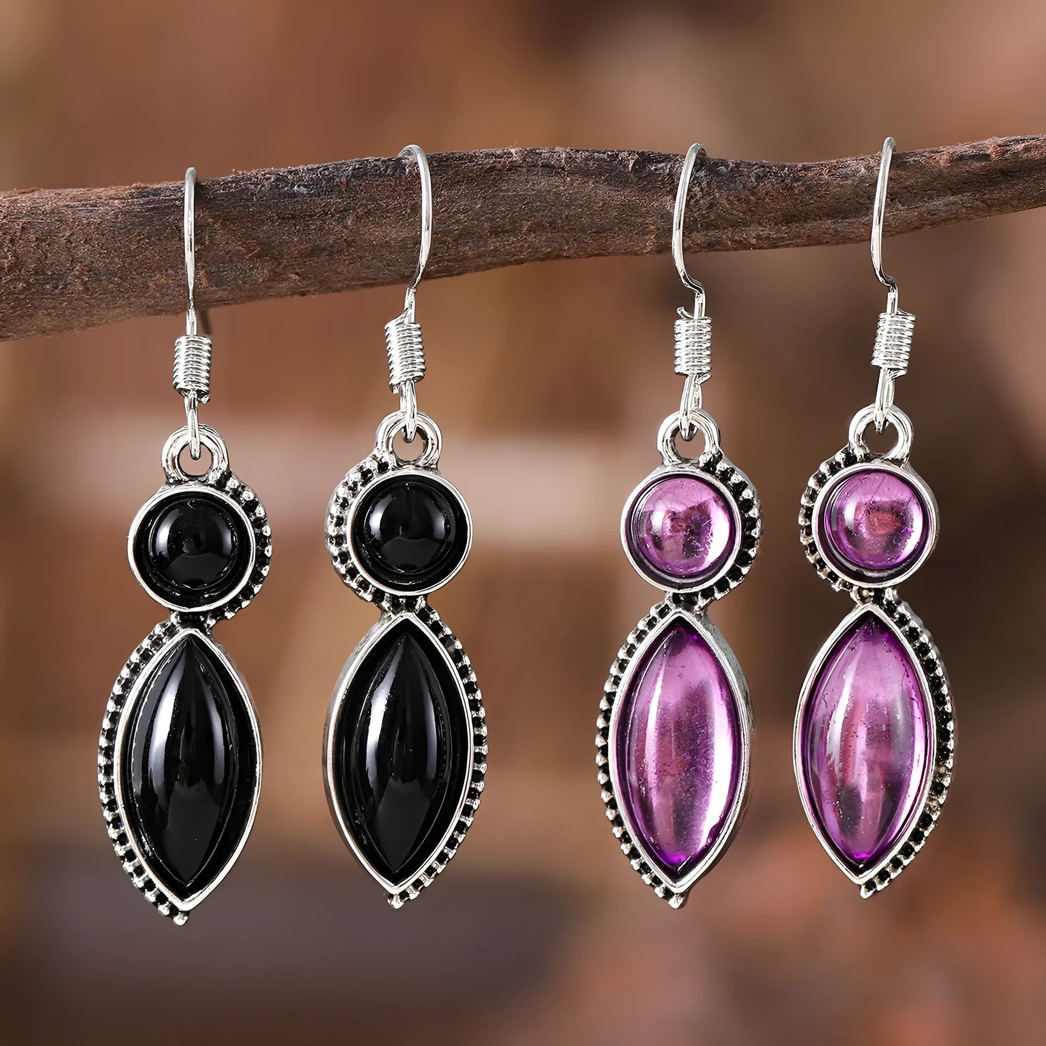 Vintage geometric pendant earrings black purple zinc alloy electroplated bohemian jewellery