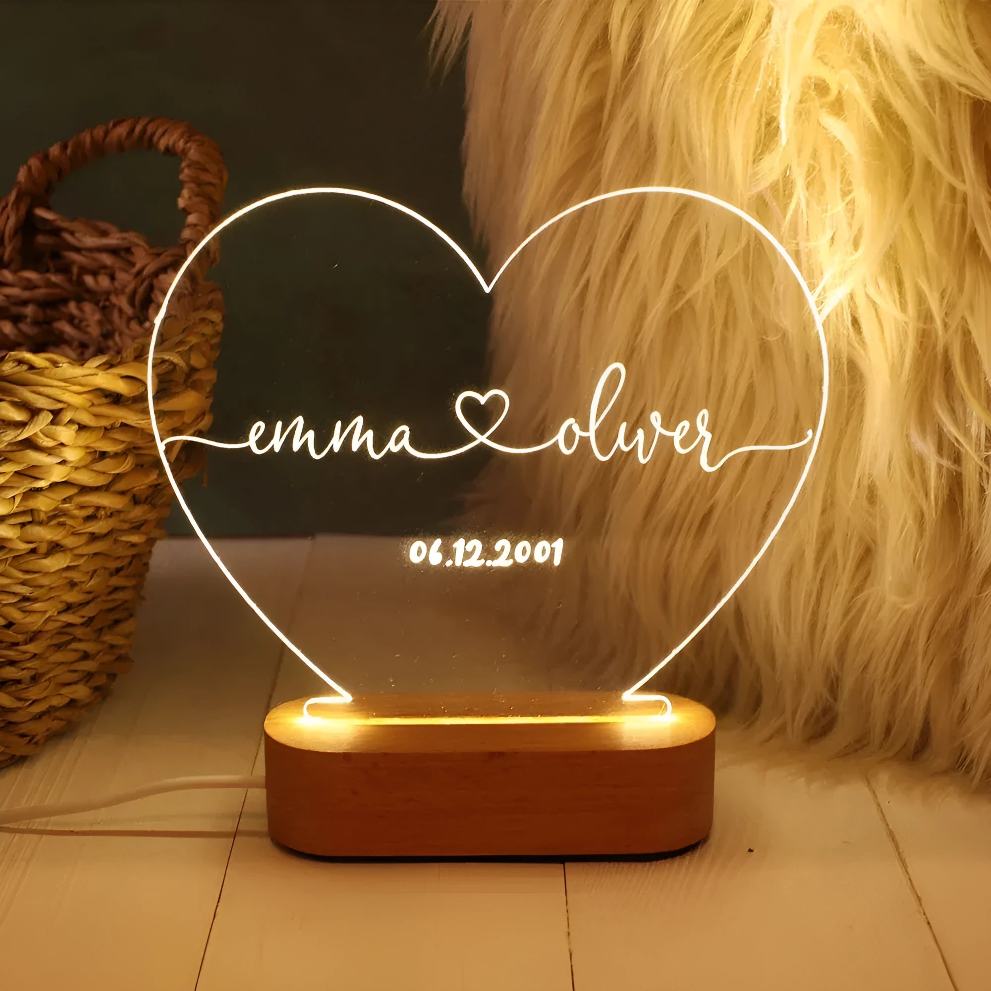 Custom acrylic LED night light personalised with names and date for Valentine's Day gift