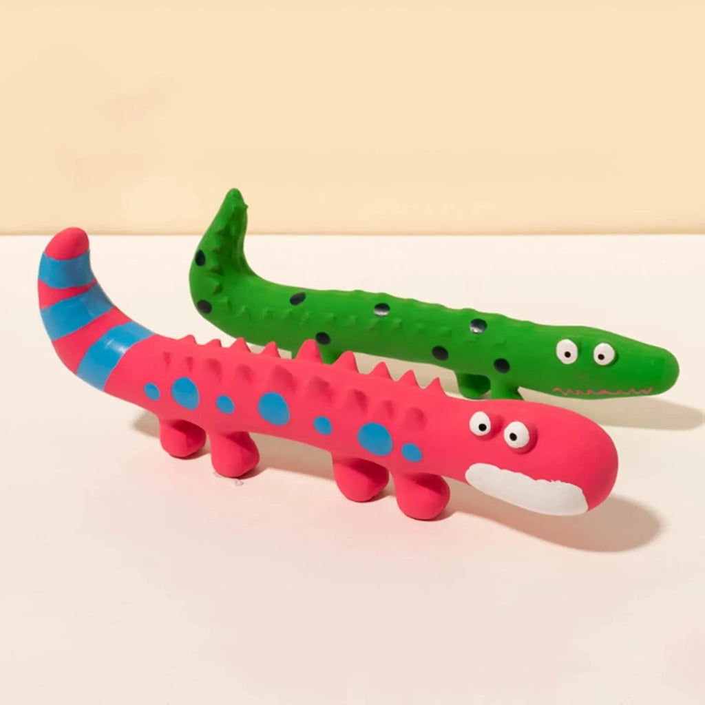 Green lizard-shaped dog chew toy with squeaker for aggressive chewers, shown with dimensions.