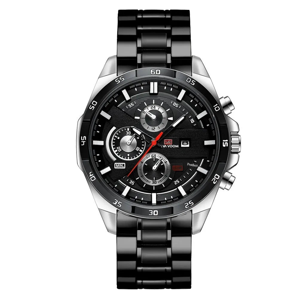 Men's casual quartz watch with business calendar on black leather strap and rose gold case.