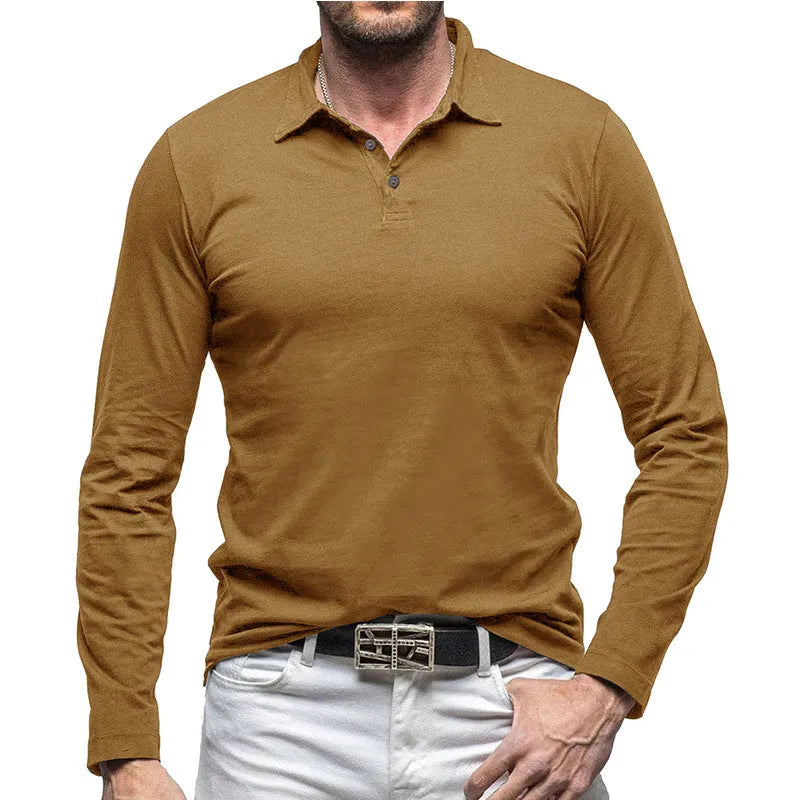 Men's long sleeve polo collar cotton T-shirt in American retro style shown in dark grey