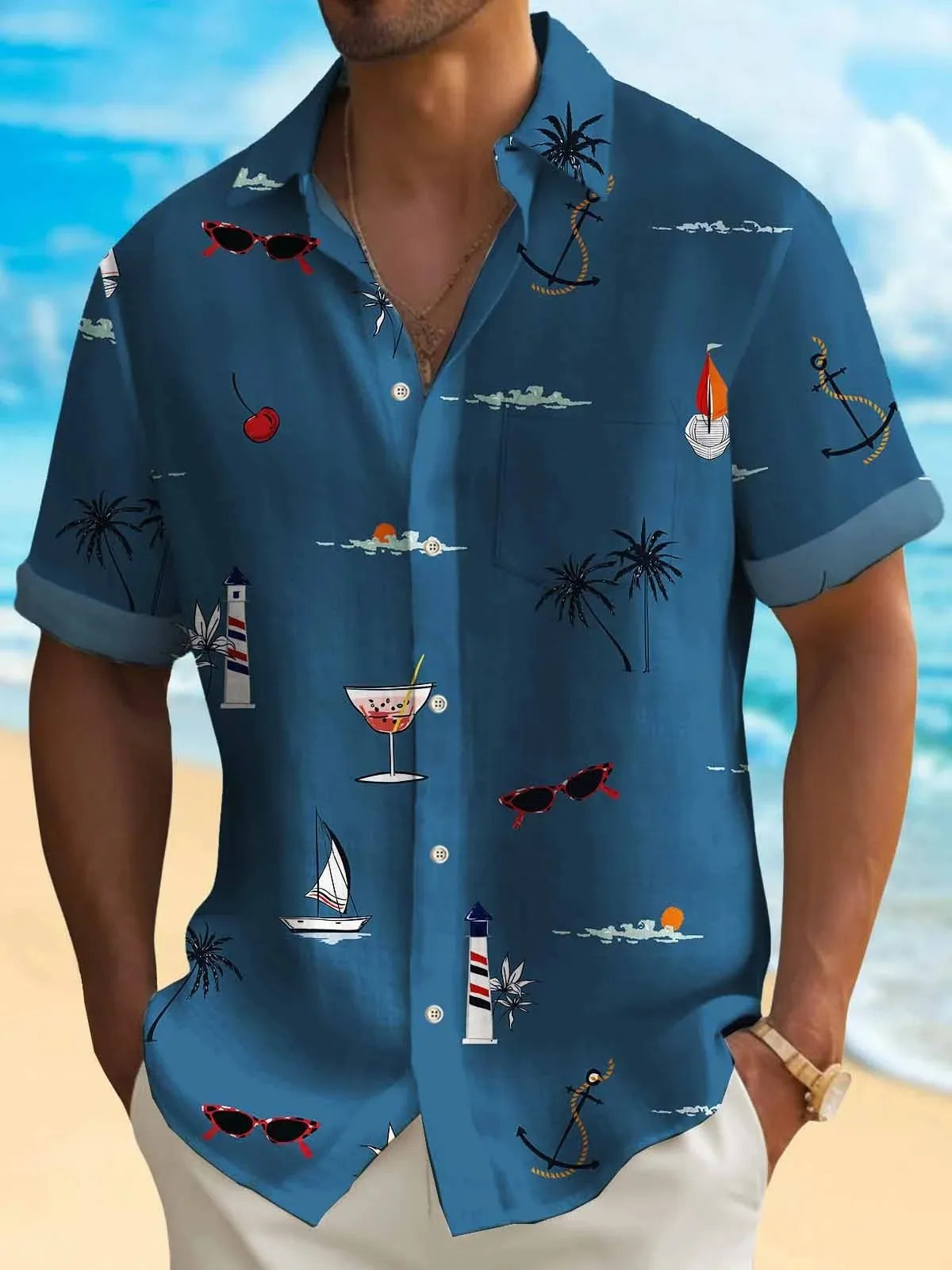 Man wearing a loose fit short sleeve Hawaiian shirt with a colourful digital print pattern.