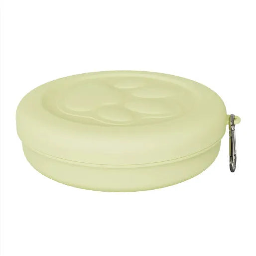 Portable outdoor dog food and water bowl in light pink or green, shown in L and S sizes.