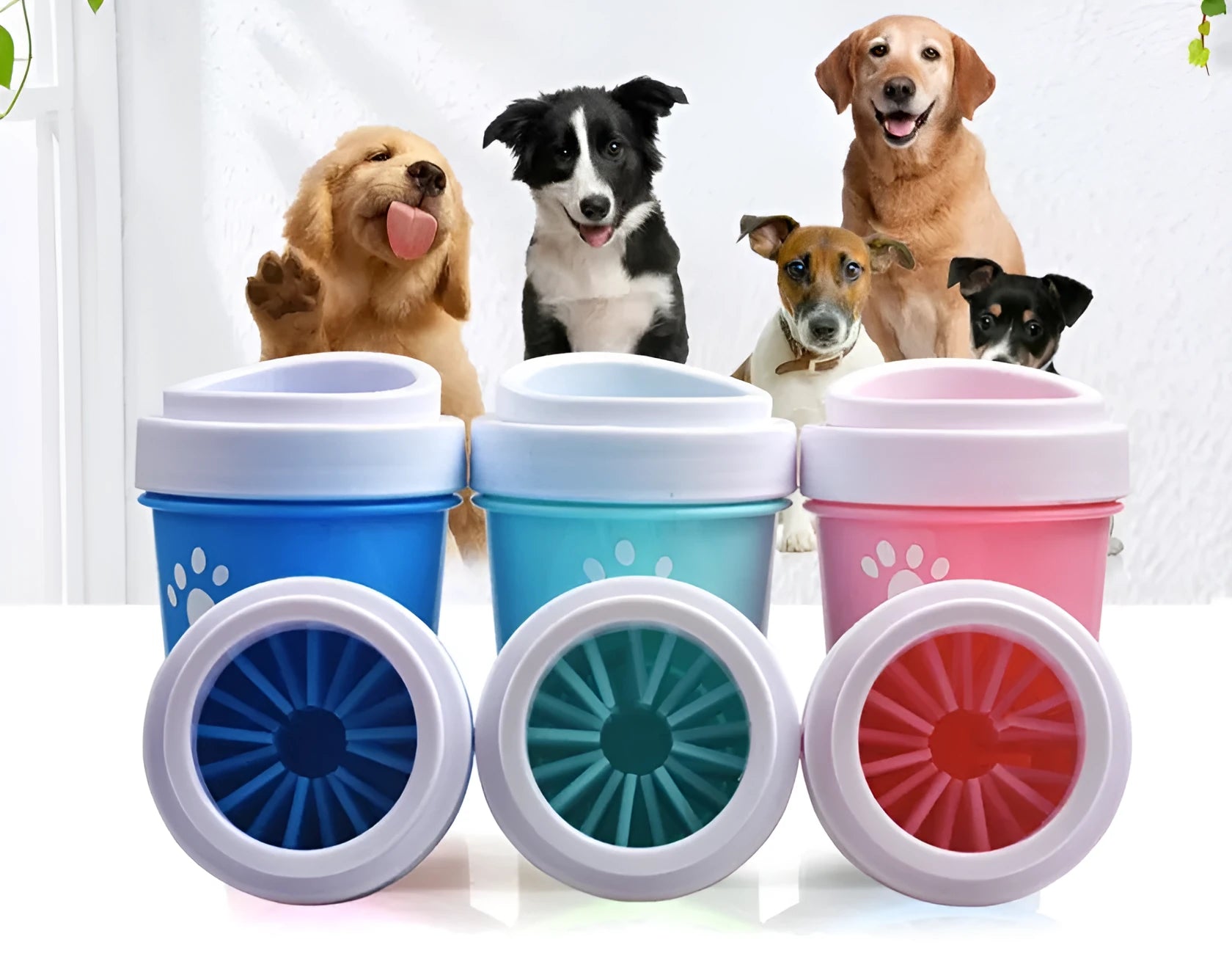 Blue silicone dog paw cleaner cup with soft bristles and easy-grip design on a white surface
