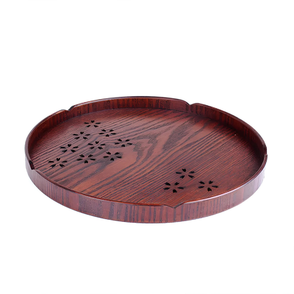 Wooden shallow plate with hollow Sakura cherry blossom pattern, 30cm diameter