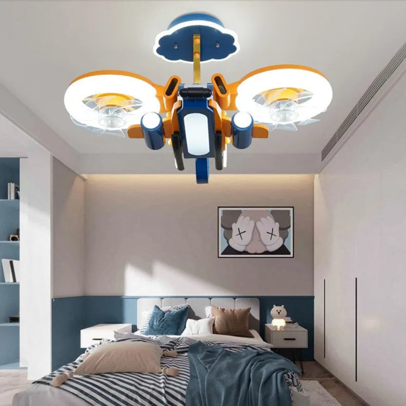 Smart Fighter Boy ceiling fan light with metal blades and acrylic lampshade in yellow and blue for large bedrooms