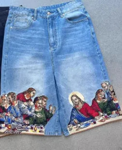 Men's blue cotton shorts with Jesus printed back pocket, tapered style with micro elasticity fabric