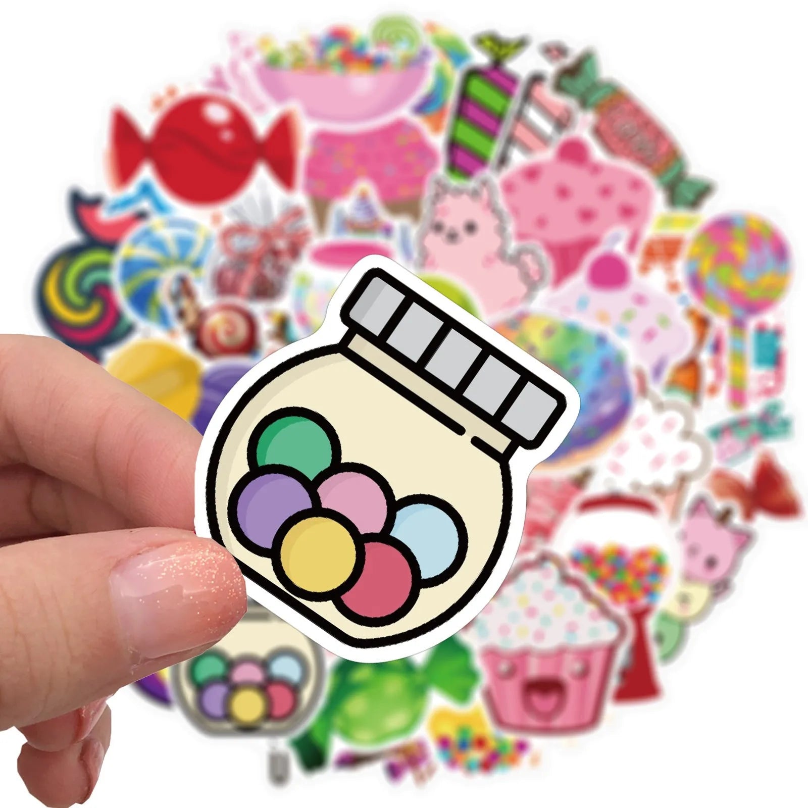 Pack of 50 colourful Candy Series graffiti and cartoon stickers, each measuring 4-6cm.