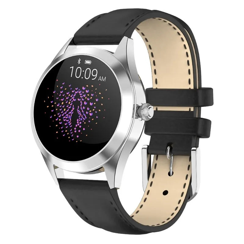 Women's multi-function smartwatch with heart rate monitor on wrist in black, rose gold, silver, or white.