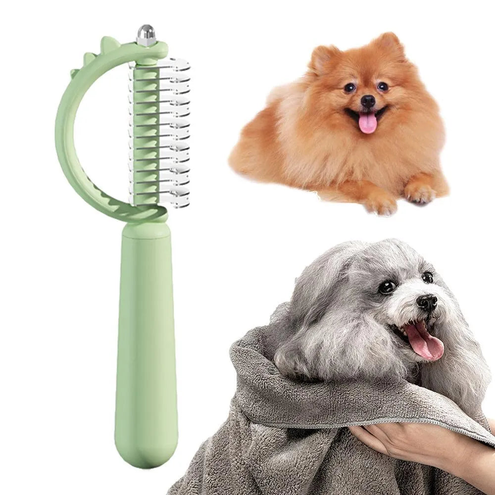Dinosaur-shaped cat brush with stainless steel pins for self-cleaning pet grooming