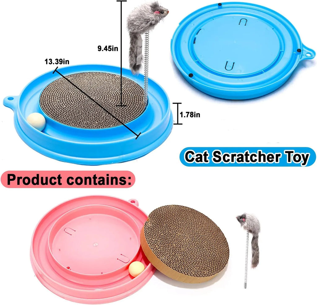 Blue circular cat scratcher with ball track and replaceable cardboard centre