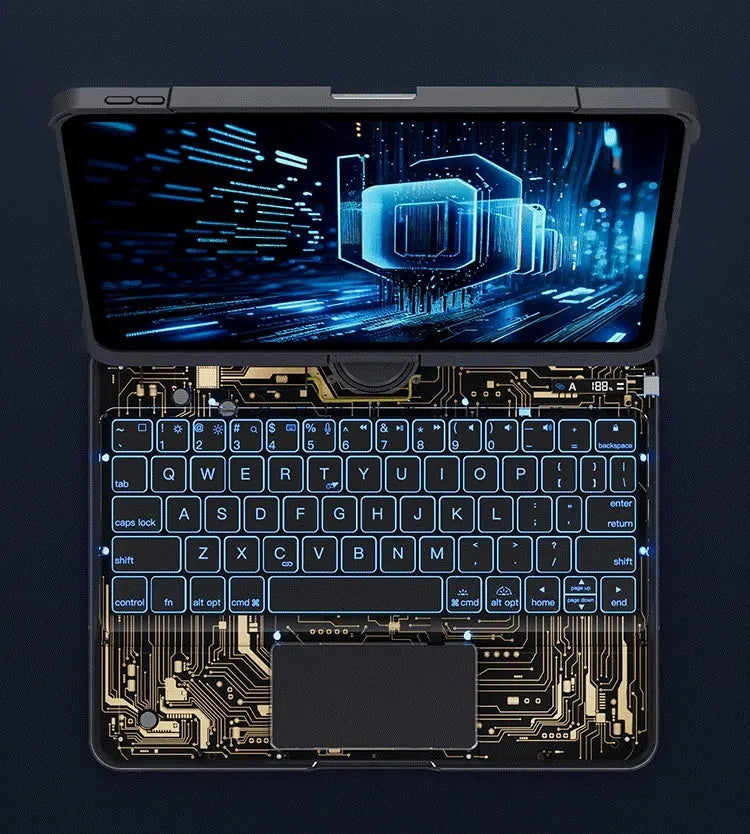 360 swivel keyboard clear case for iPad with transparent backplate and telescopic pen slot