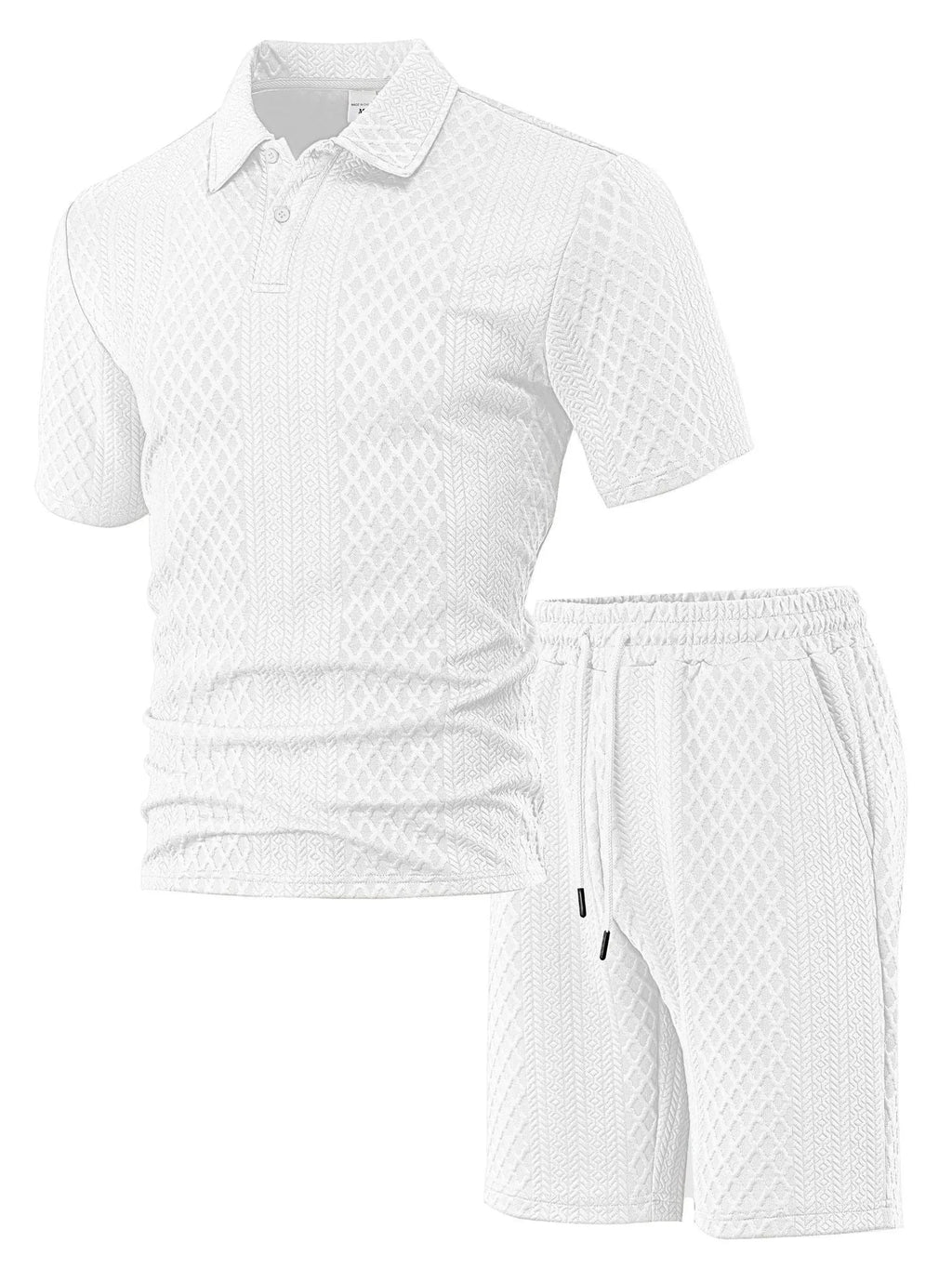 Men's light grey casual short sleeve suit with polo shirt and trousers on a hanger