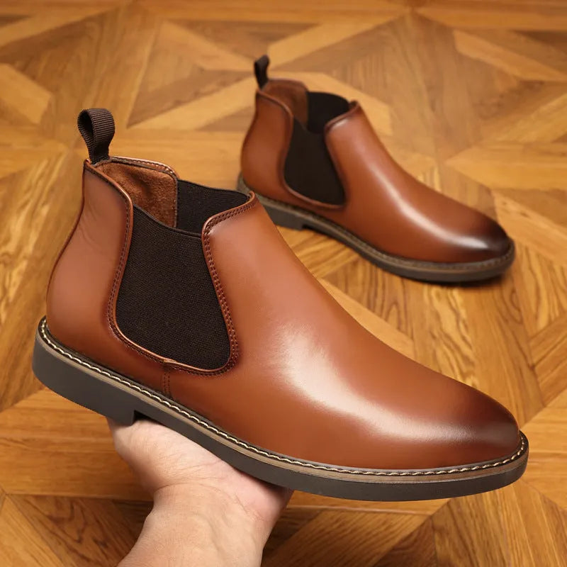 Men's black formal leather pointed-toe boots with square heel on neutral background