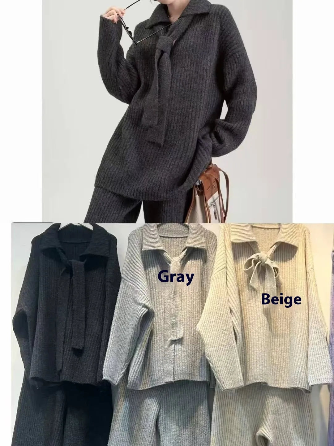 Ladies elegant knit sweater suit two-piece set in imitation cashmere, showing top and trousers in beige.