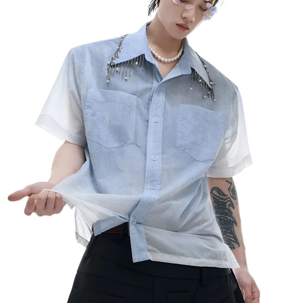 Men's blue and white gradient loose fit short sleeve shirt with quilted texture