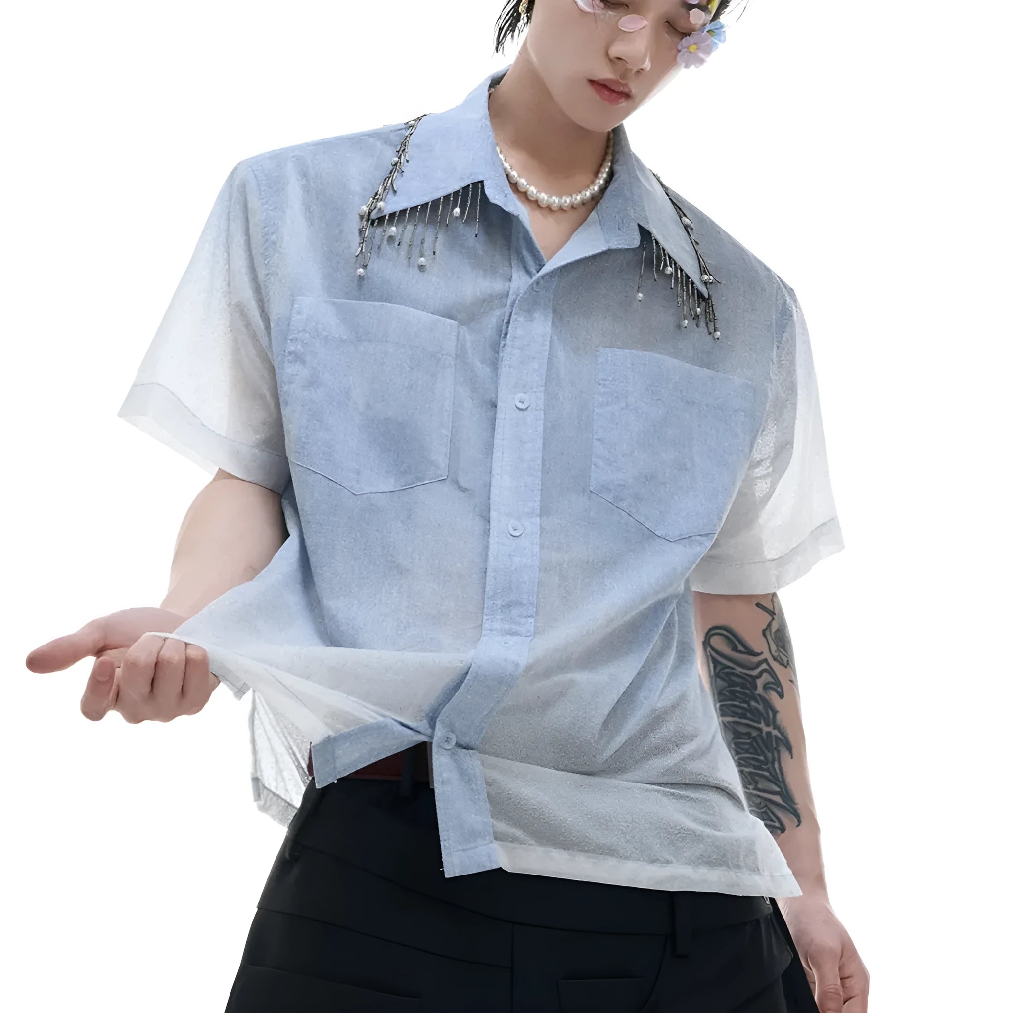 Men's blue and white gradient loose fit short sleeve shirt with quilted texture
