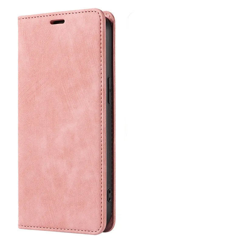 Magnetic flip leather phone case for iPhone in grey, showing front cover closed.