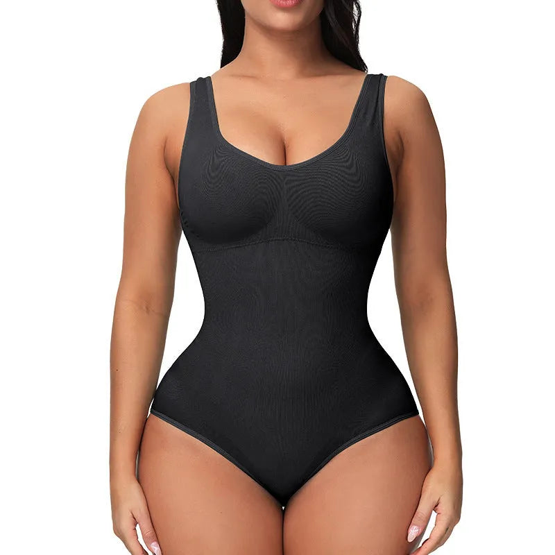 Seamless one-piece bodysuit for waist support and body sculpting in nylon fabric